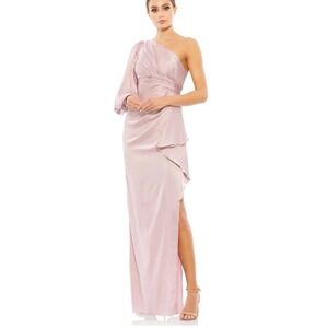 Mac Duggal One Shoulder Long Sleeve Satin Gown Rose Pink Formal Dress